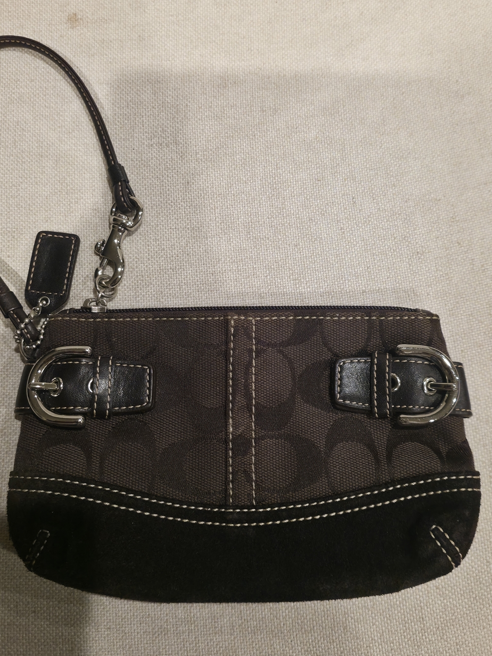 Coach Dark Brown Signature Canvas Wristlet with Black Suede Trim